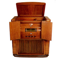 Radiofonoricevitore a consolle IMCA, cambio gamma a tamburo, giradischi a 78 giri, mobile discoteca, 1939